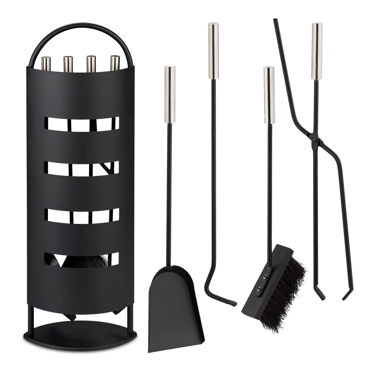 Relaxdays Kaminbesteck Metall Schwarz Silber 66 cm x 23 cm x 15 cm