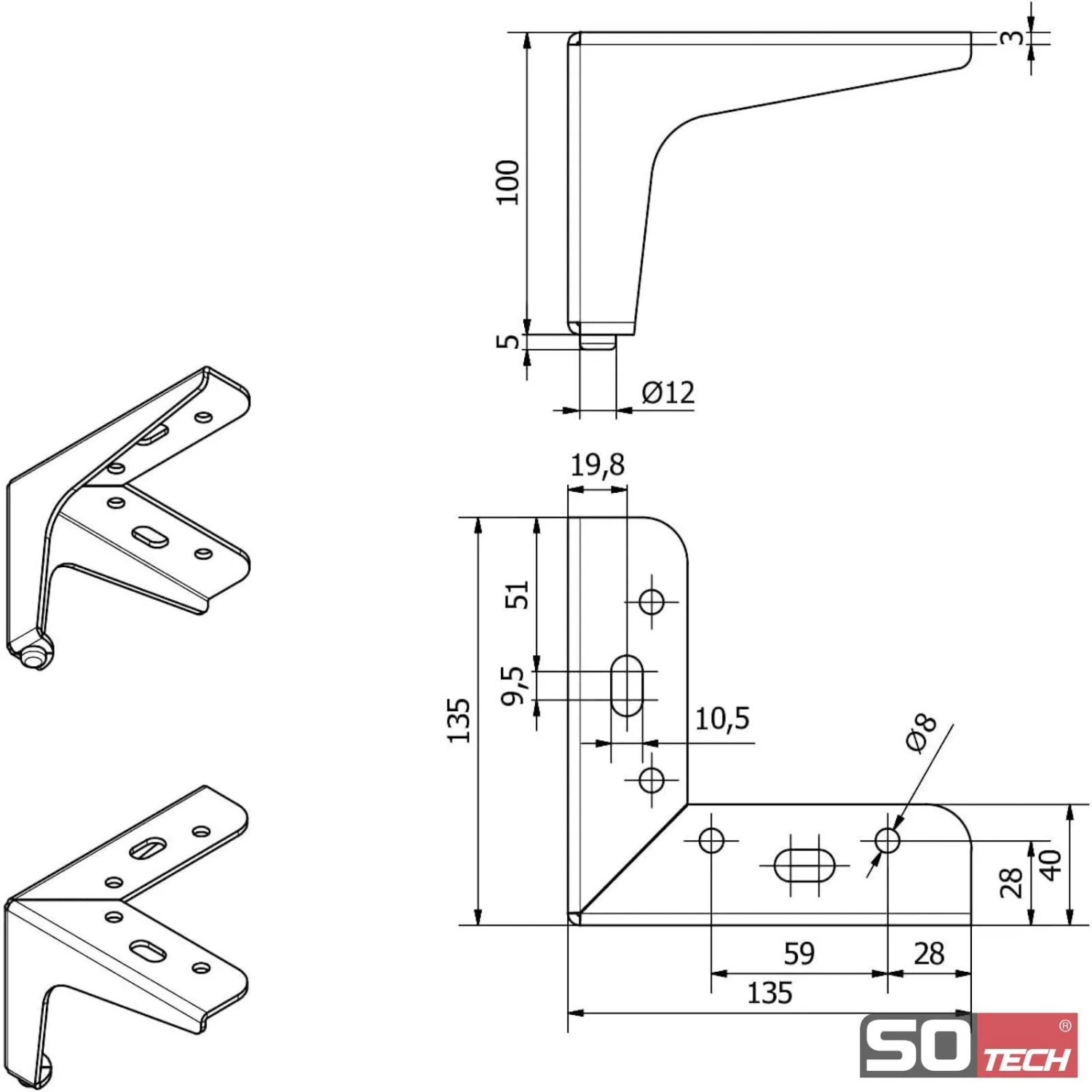 Technische Zeichnung SOTECH Möbelfuß VICTOR, 100mm hoch, schwarz matt, mit Maßangaben.