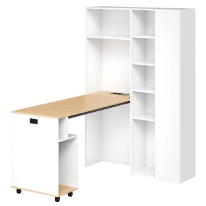 Weißer klappbarer Schreibtisch mit hellem Holz-Arbeitsplatte, integriertem Regal und USB-Steckdose. Ideal für Homeoffice.
