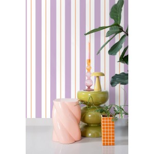 ESTAhome Vliestapete mit lila, orangefarbenen und weißen Streifen. Moderne, dekorative Wandgestaltung.