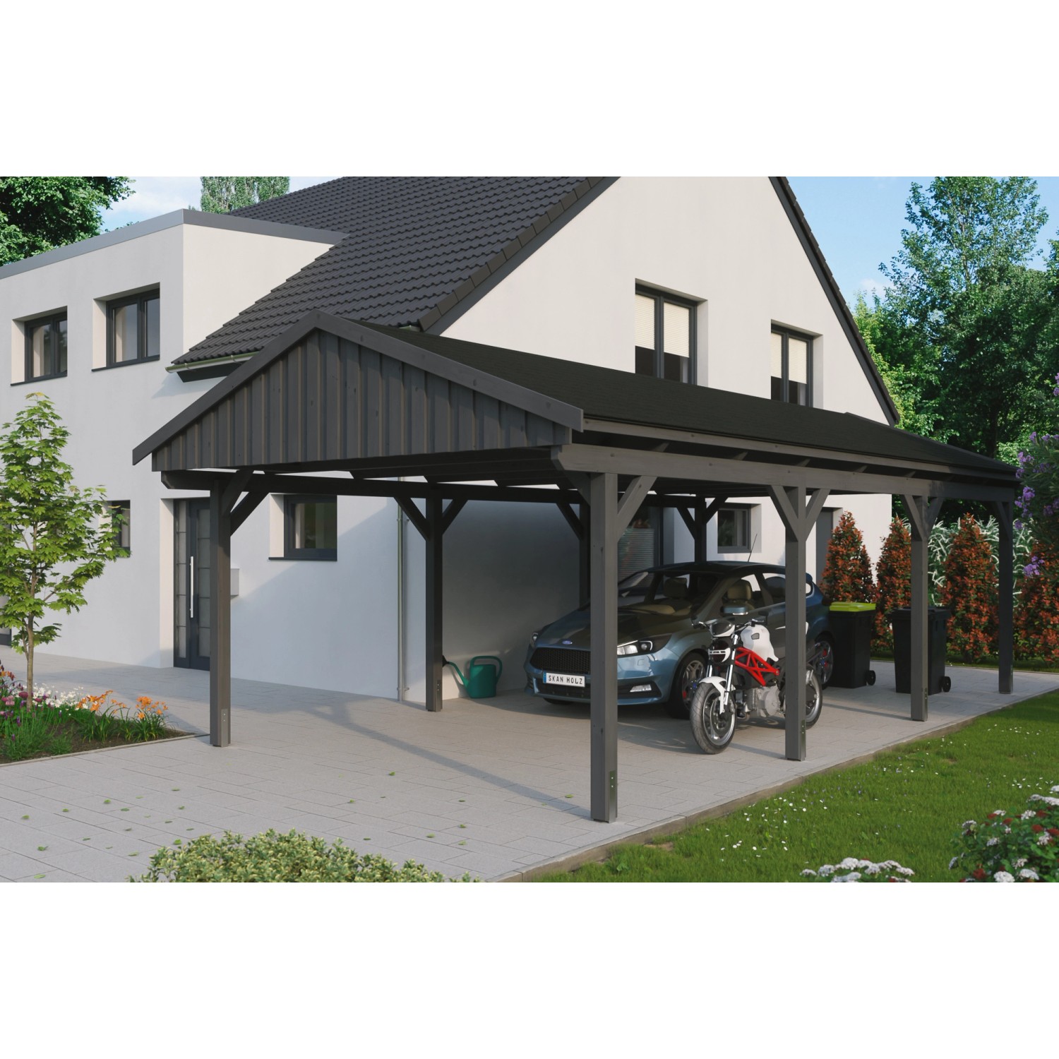 Skan Holz Carport Fichtelberg 423 cm x 808 cm Schwarze Schindeln Schiefergrau