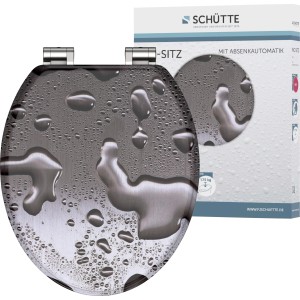 Schütte WC-Sitz Grey Steel MDF mit Absenkautomatik, graue Holzoptik mit Wassertropfen.
