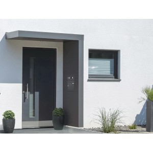 Modernes Gutta Rechteckvordach BS PLUS 200 in Anthrazit mit Briefkasten, Klingel und Sprechanlage.