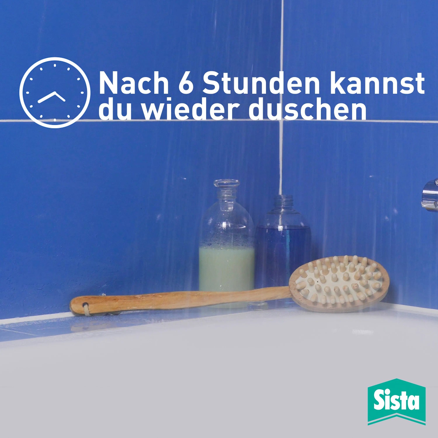 Anwendung von Sista Sanitärsilikon Neue Fuge im Badezimmer mit Duschutensilien.