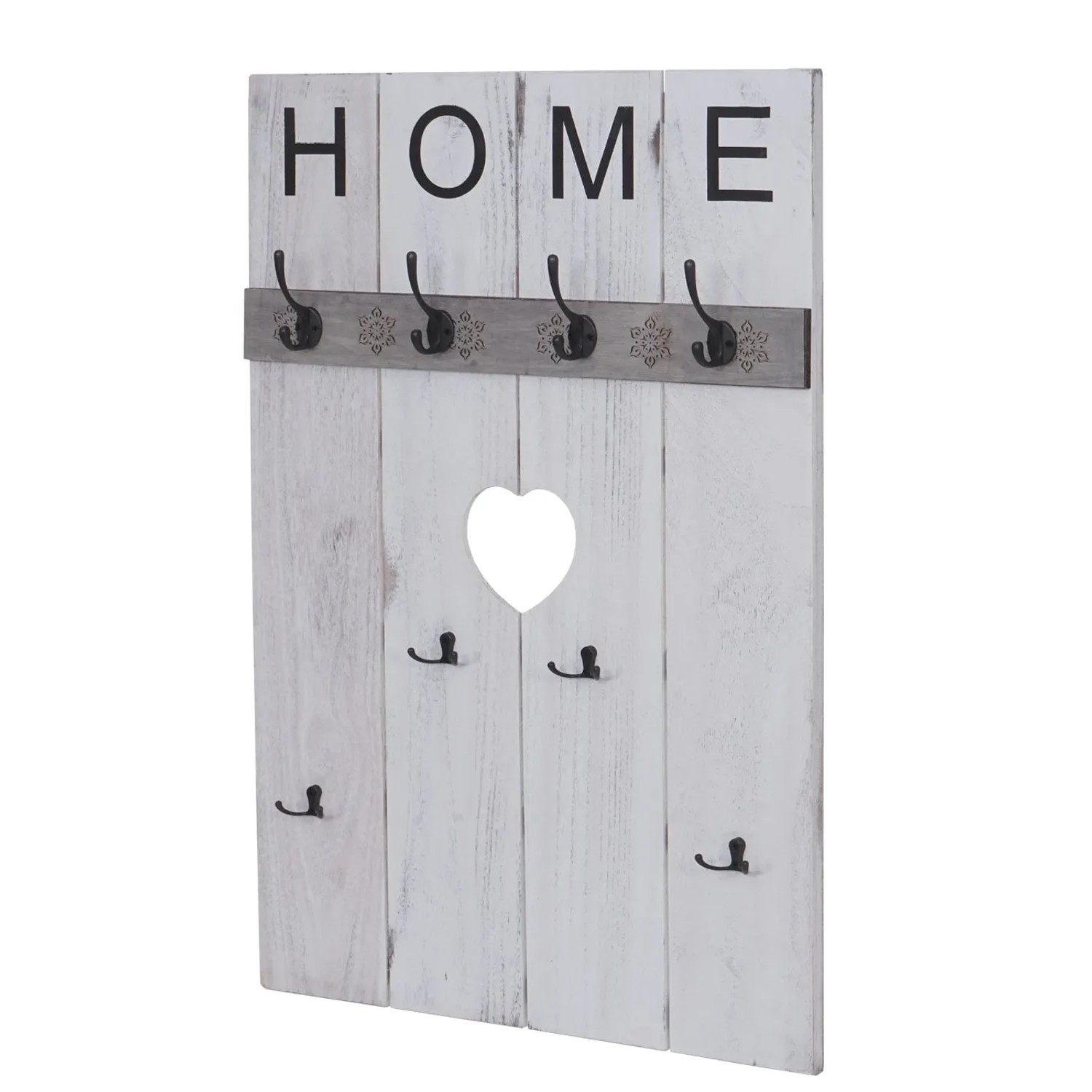 Weiße Wandgarderobe im Shabby-Look mit 8 Haken und Herz-Ausschnitt.