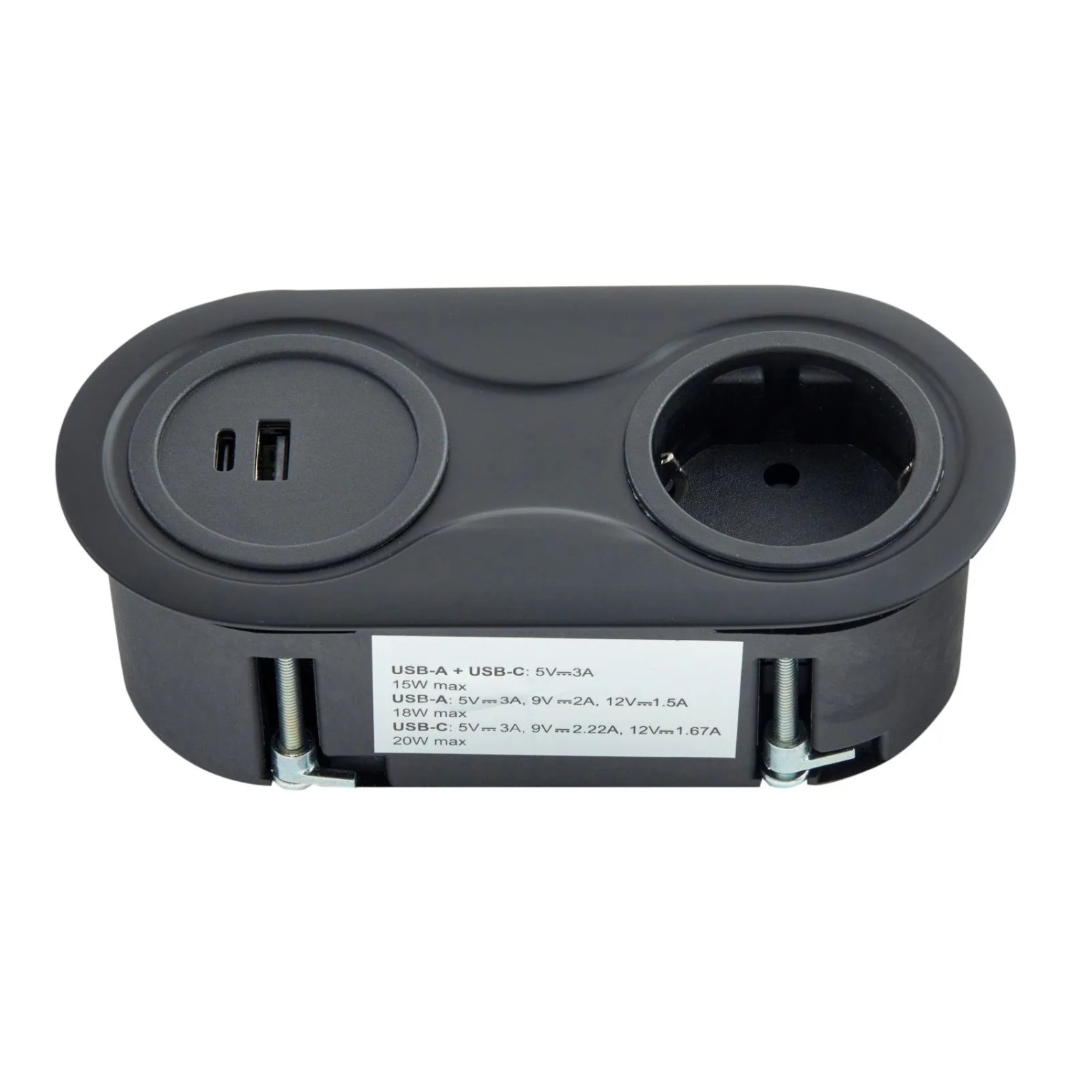 SOTECH Doppel Einbausteckdose Oval Schwarz mit 1x Schuko 2x USB