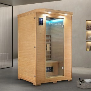 Artsauna Infrarotkabine Oslo für 2 Personen aus Hemlockholz mit Keramikstrahlern und LED-Beleuchtung.