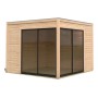 Modernes Karibu Gartenhaus Kubus 3 aus Holz mit großen Fensterflächen.
