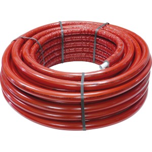 Rote 25 m Rolle Mehrschichtverbundrohr (Ø 26 mm) aus Kunststoff für Sanitär- und Heizungsinstallation.
