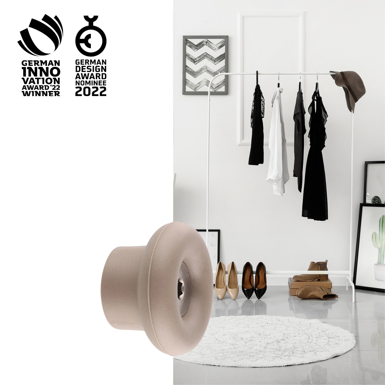 Wagner Wandhaken Hooks4home Dot, Ø 40mm, Taupe. Dekorativer Haken aus Elastomer und Stahl.