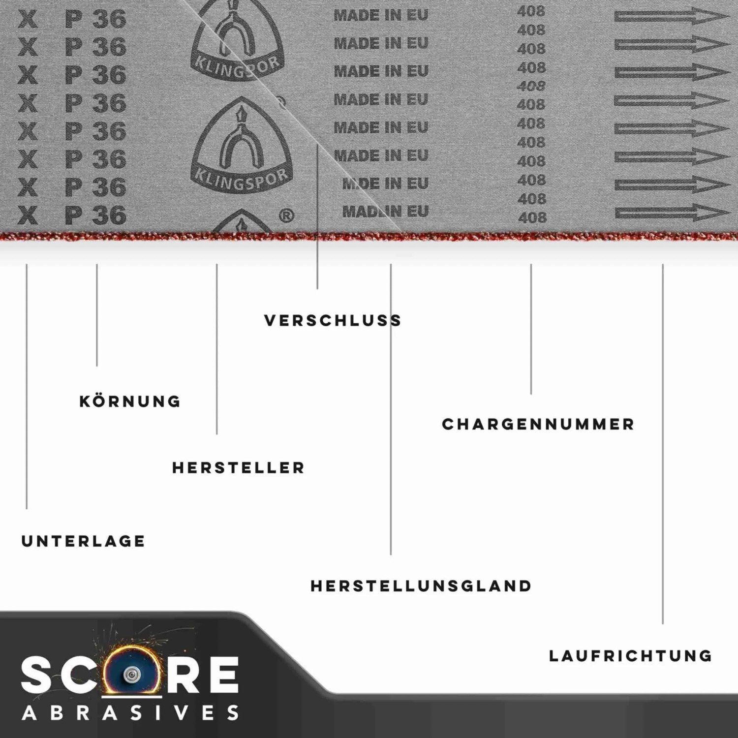 Klingspor Schleifband 50x1000mm Korn 120. Rotes Gewebeband mit Klingspor Logo, Beschriftungen für Körnung, Hersteller, Laufrichtung.