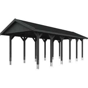 Satteldach-Carport Wallgau in Schiefergrau mit schwarzen Schindeln, Ansicht von vorn.