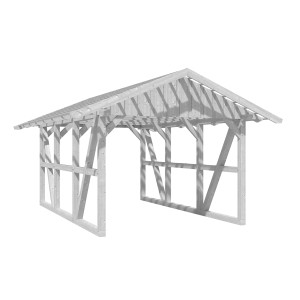 Weißer Skan Holz Carport Schwarzwald mit Dachlattung, Fachwerkbauweise und Satteldach.
