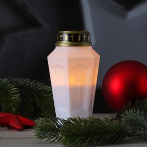 Weißes LED Grablicht mit Timer, orange flackernd, 15,5cm hoch. Grabkerze für stimmungsvolle Beleuchtung.