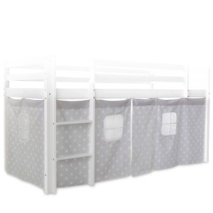 Grauer Bettvorhang mit weißen Sternen und Fenstern für Kinderhochbett. 3-teilige Baumwoll-Bettumrandung.