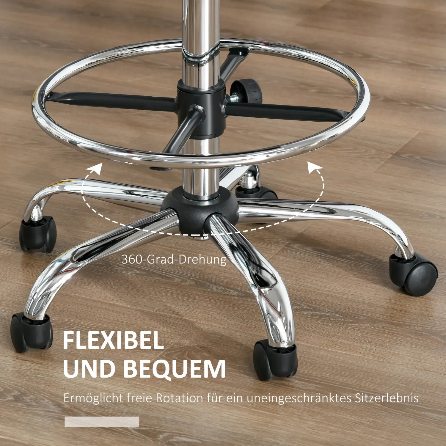Detailaufnahme: Verchromtes Stahlgestell mit Rollen und Fußstütze des HOMCOM Barhockers.