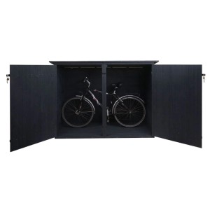 Offene, abschließbare, anthrazitfarbene Fahrradgarage aus Holz mit Fahrrad. Gerätehaus für 1 Fahrrad.