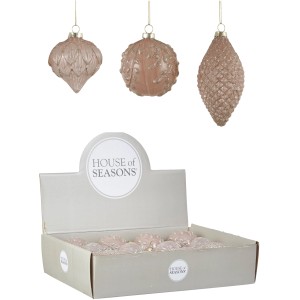 Champagnerfarbene Weihnachtskugeln aus Glas, 9 cm, 3er-Set mit Goldglitter.