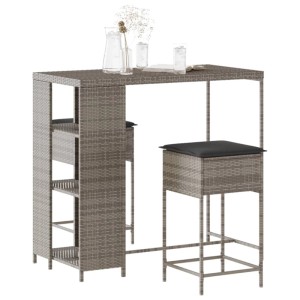 Graues 3-tlg. vidaXL Gartenbar-Set aus Polyrattan mit Tisch, 2 Hockern und Kissen.