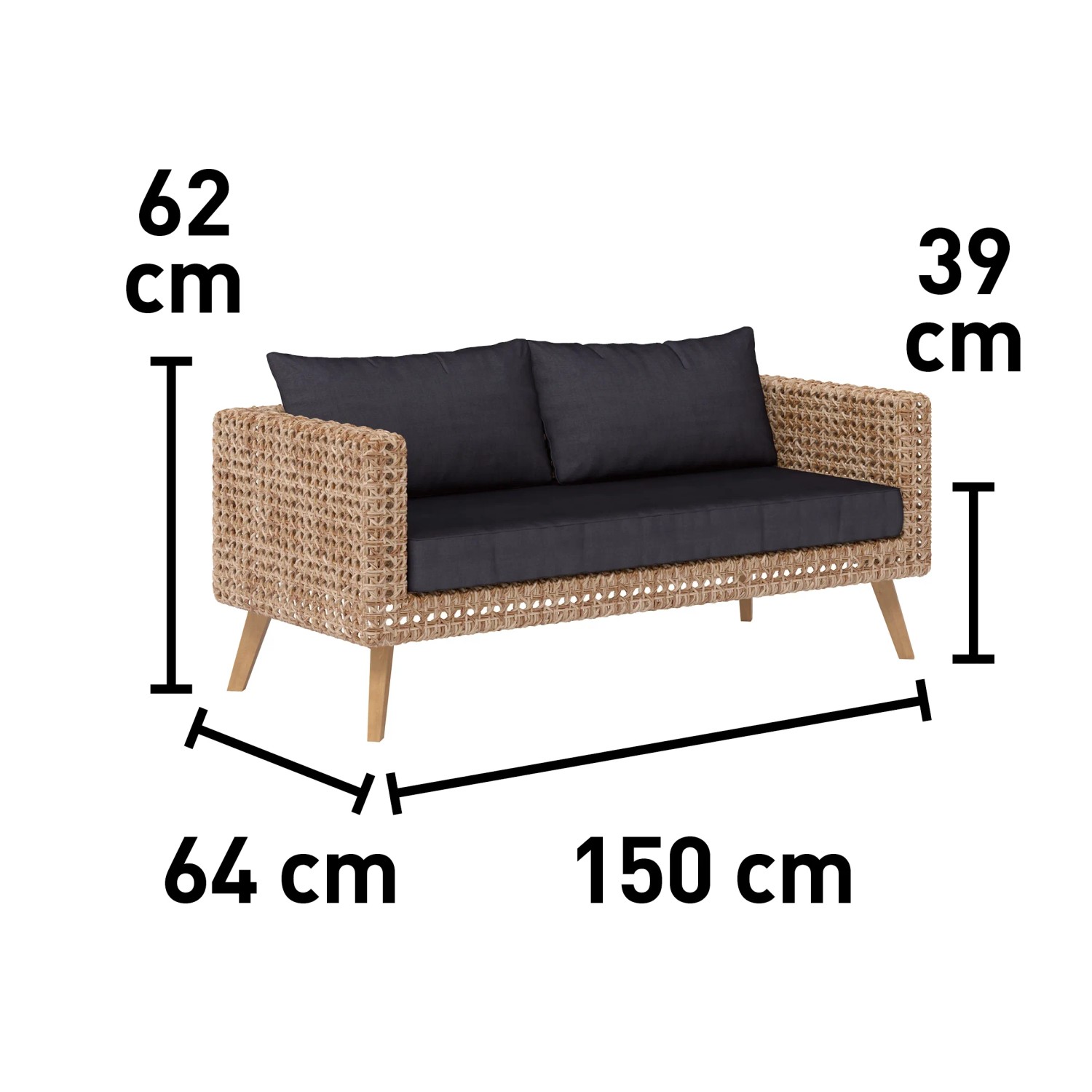 Abbildung des Lounge-Sofas aus dem 4-teiligen Lounge-Set Junee aus Polyrattan in Natur mit anthrazitfarbenen Auflagen.