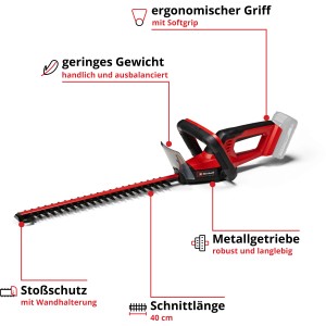 Einhell Akku-Heckenschere GC-CH 18/40 Li Solo: Rot-schwarze Heckenschere mit 40cm Schnittlänge.