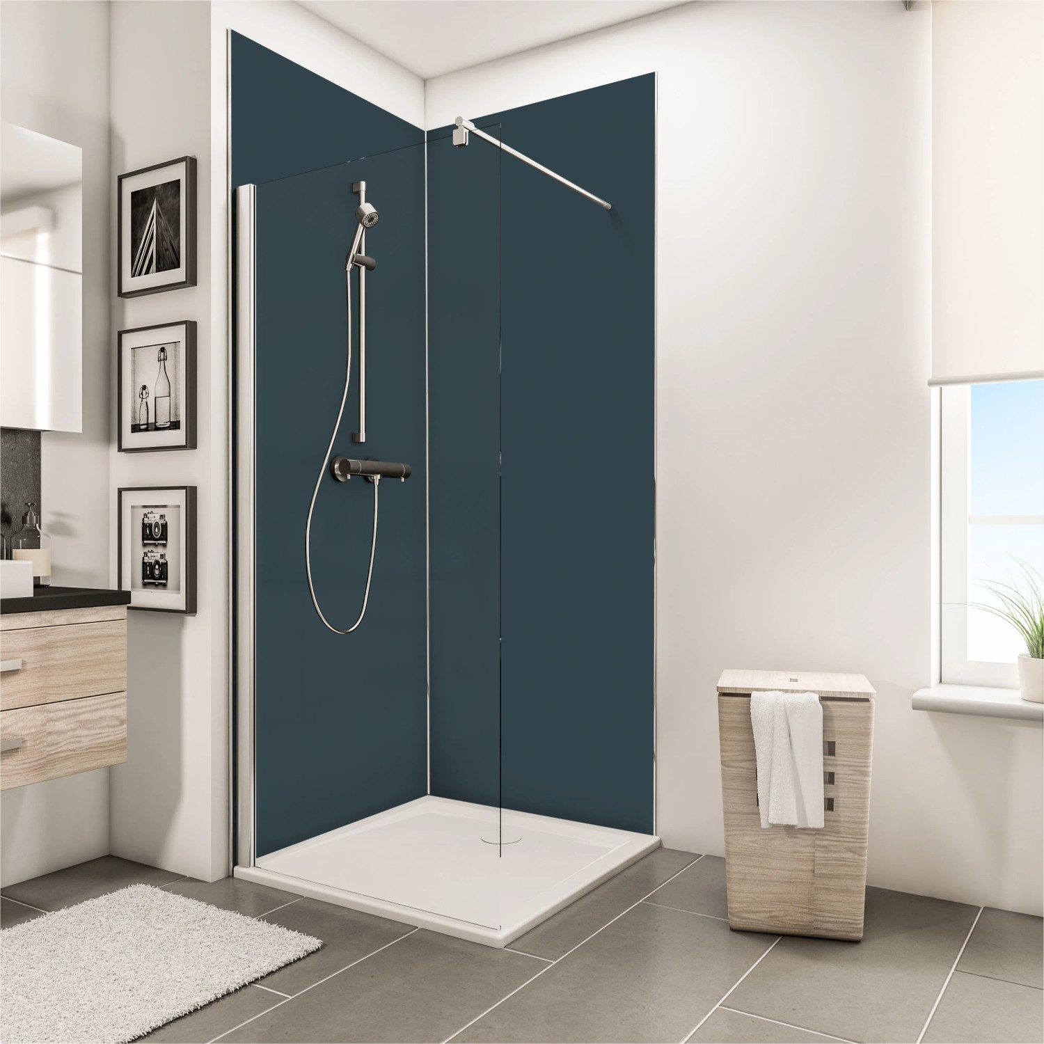 Schulte DecoDesign Duschrückwand Set Ecke, anthrazitfarbene Duschverkleidung im Badezimmer.