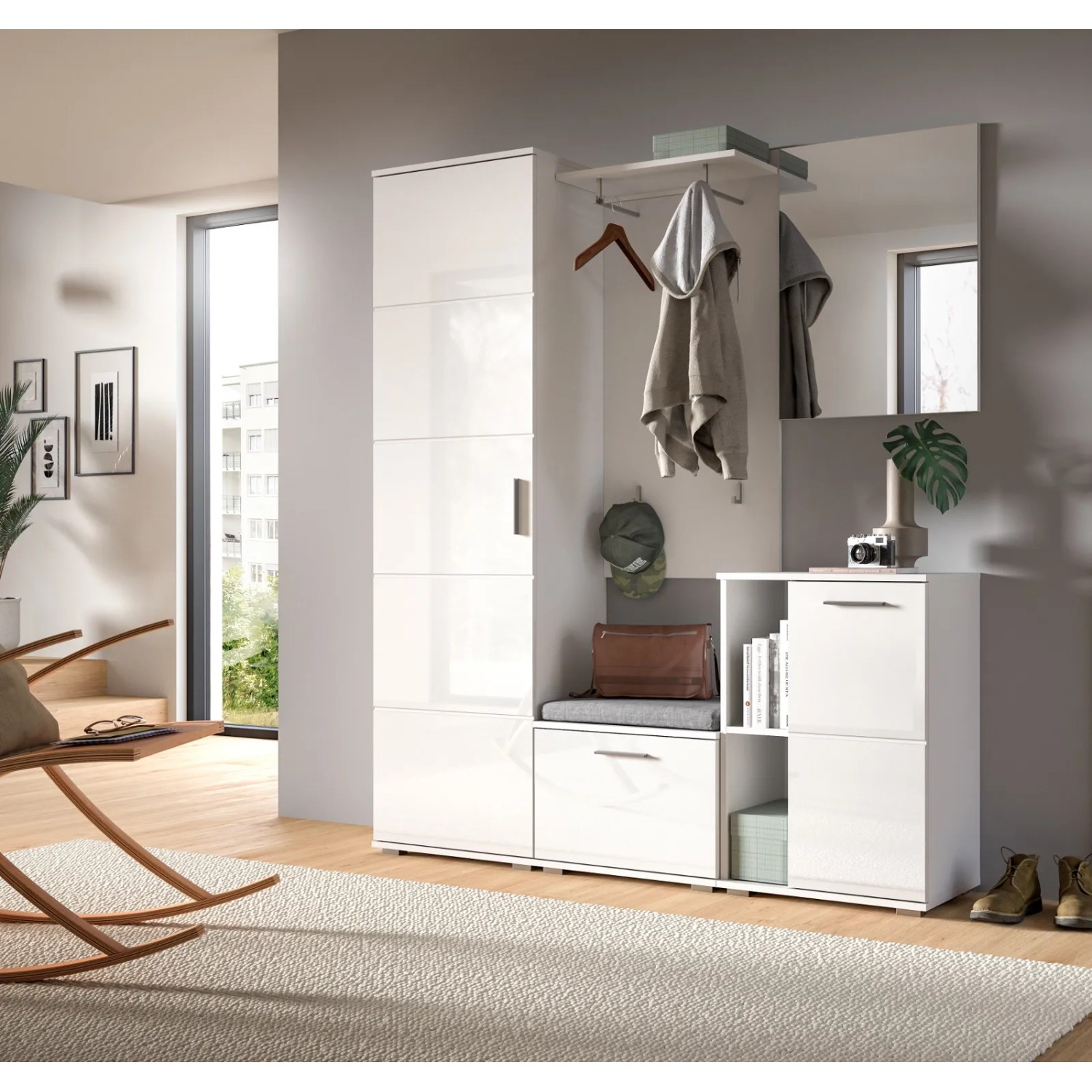 Inn.Furn Schuhschrank Grazie, weiß hochglanz, 55cm breit, mit 5 Fächern als Teil einer Garderobenkombination.