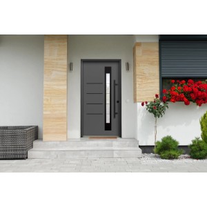 Moderne, anthrazitfarbene Splendoor Sicherheits-Haustür Berlin Prime RC2 mit Glaseinsatz und Edelstahlgriff.