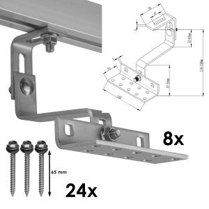 Vale Balkonkraftwerk Halterungsset für Ziegeldächer, Alugrau, mit Schrauben und Montageskizze.