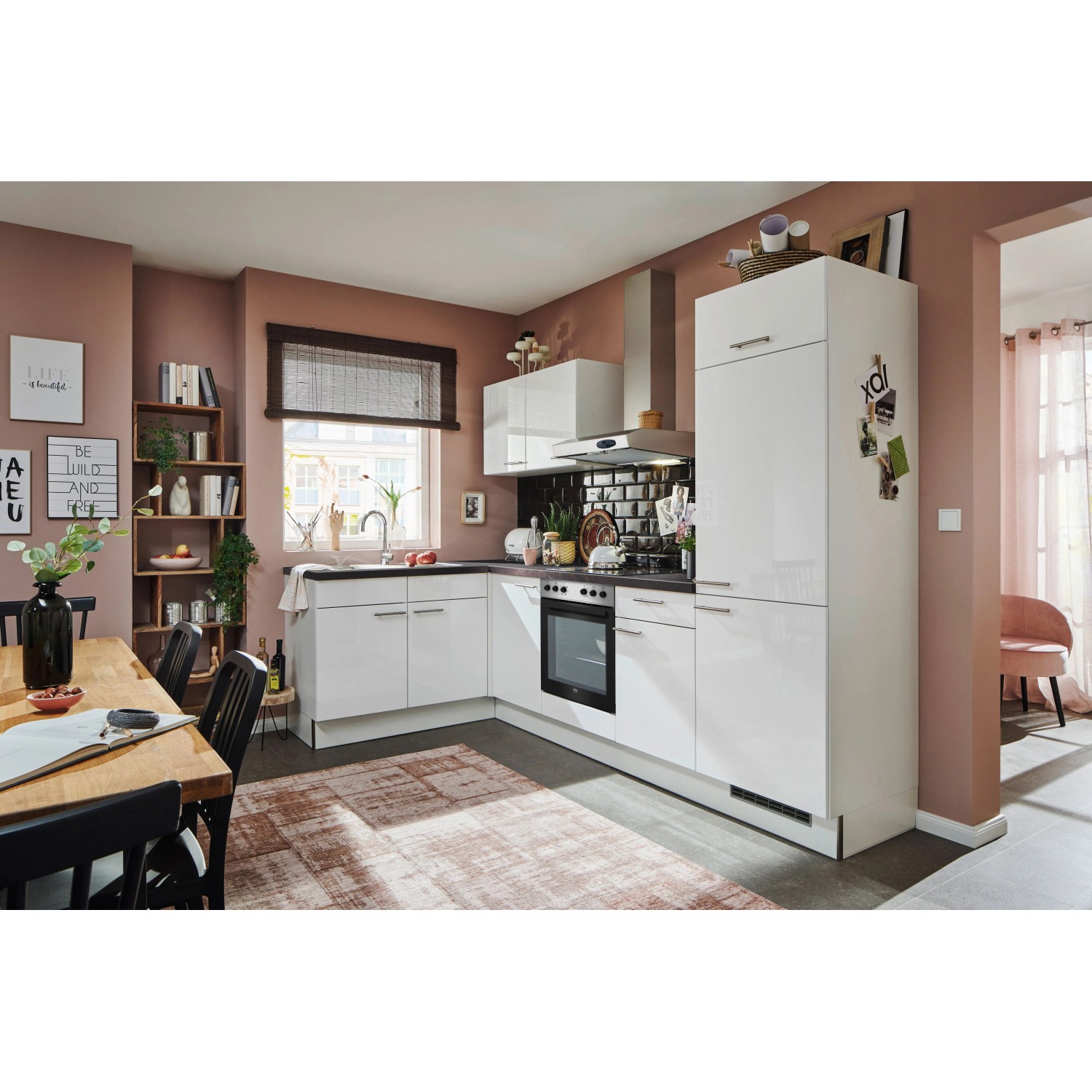 pino Eckküche 440 cm Weiß Hochglanz Anschlag rechts Arbeitsplatte Pietra Grey