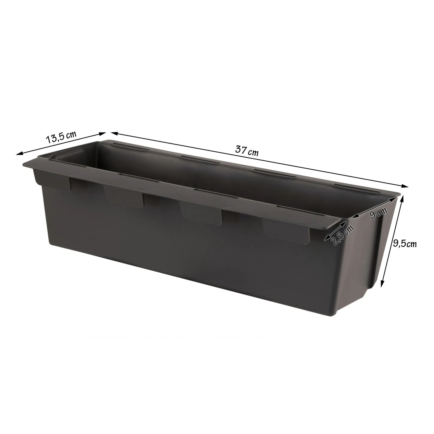 Anthrazitfarbener, rechteckiger Pflanzkasten mit Hängesystem, 37 cm lang, für Europaletten und Balkone.