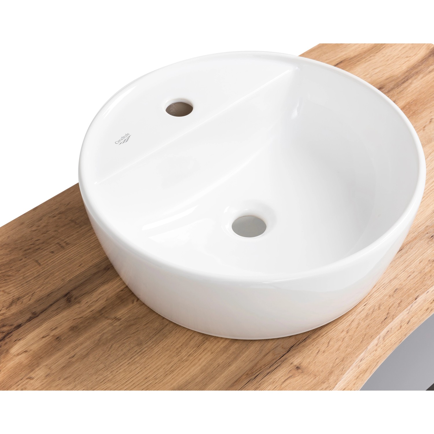 Rundes Keramik-Aufsatzbecken des Held Möbel Waschtisch-Sets Trient auf Wotaneiche-Platte.