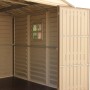 Innenansicht Duramax Kunststoff-Gartenhaus WoodSide Beige mit Fenster und geöffneter Tür.