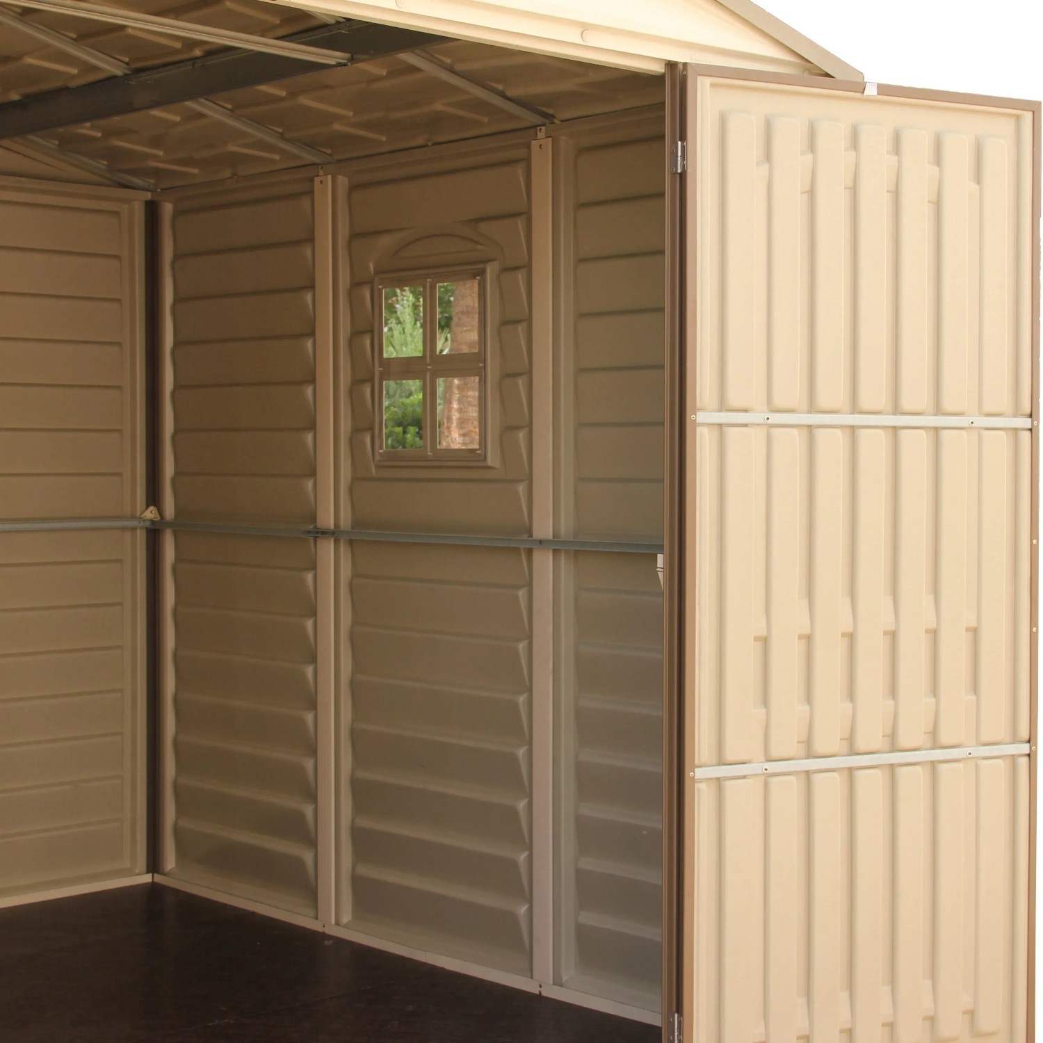 Innenansicht Duramax Kunststoff-Gartenhaus WoodSide Beige mit Fenster und geöffneter Tür.
