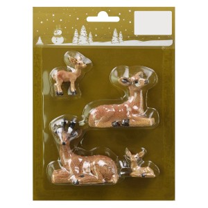 4 hellbraune Deko-Hirsche aus Kunststoff, 2-6 cm, als Baumbehang für die Weihnachtsdeko.