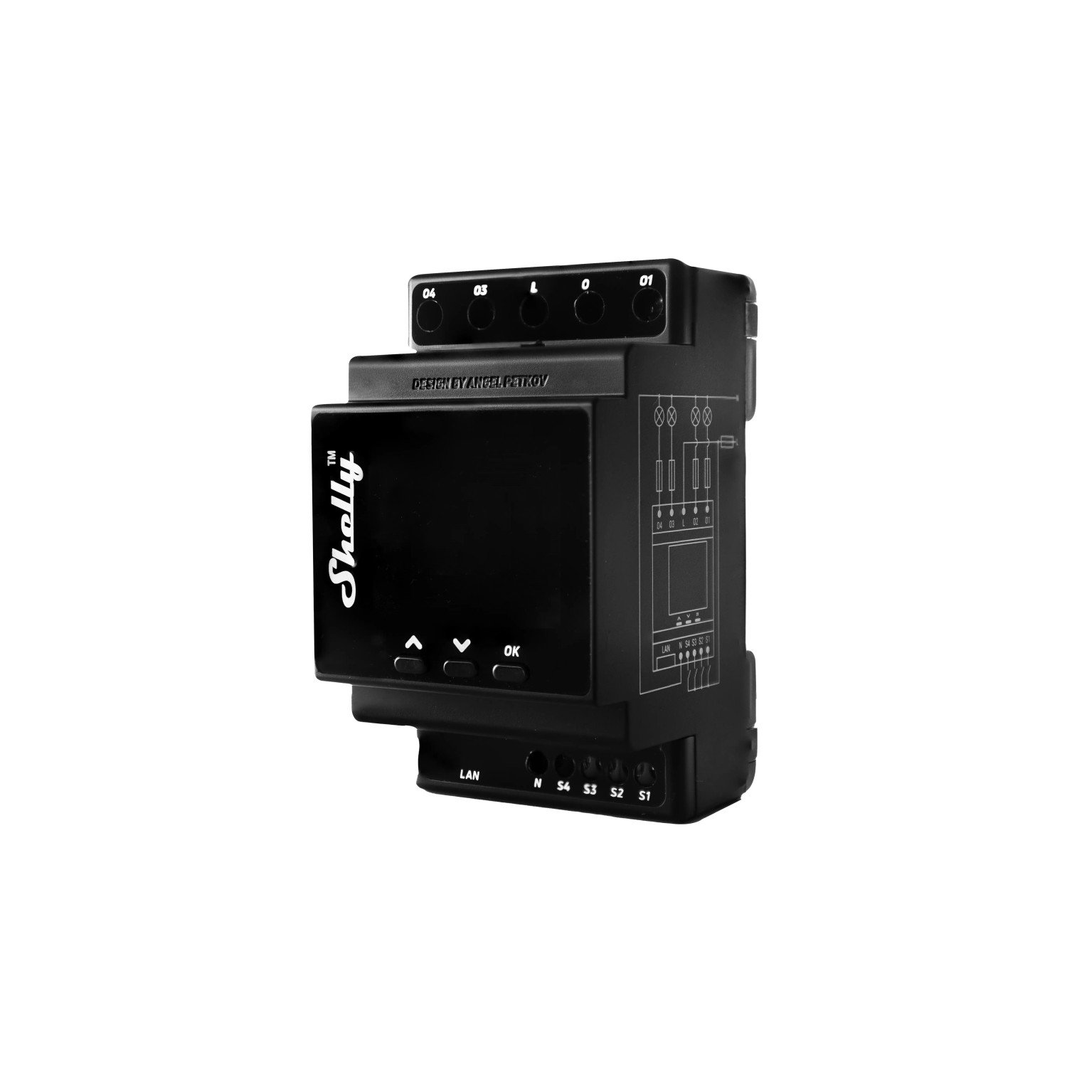 Schwarzes Shelly Relaismodul Pro 4PM mit 4 Kanälen und Display für die Hausautomation.
