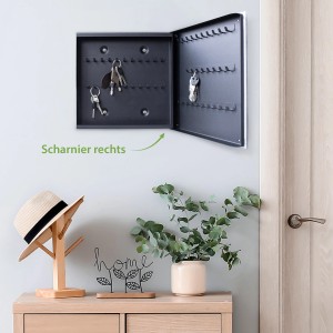 Offener, schwarzer Banjado Schlüsselkasten mit Gitarren-Motiv, 50 Haken und Magnettafel-Funktion.
