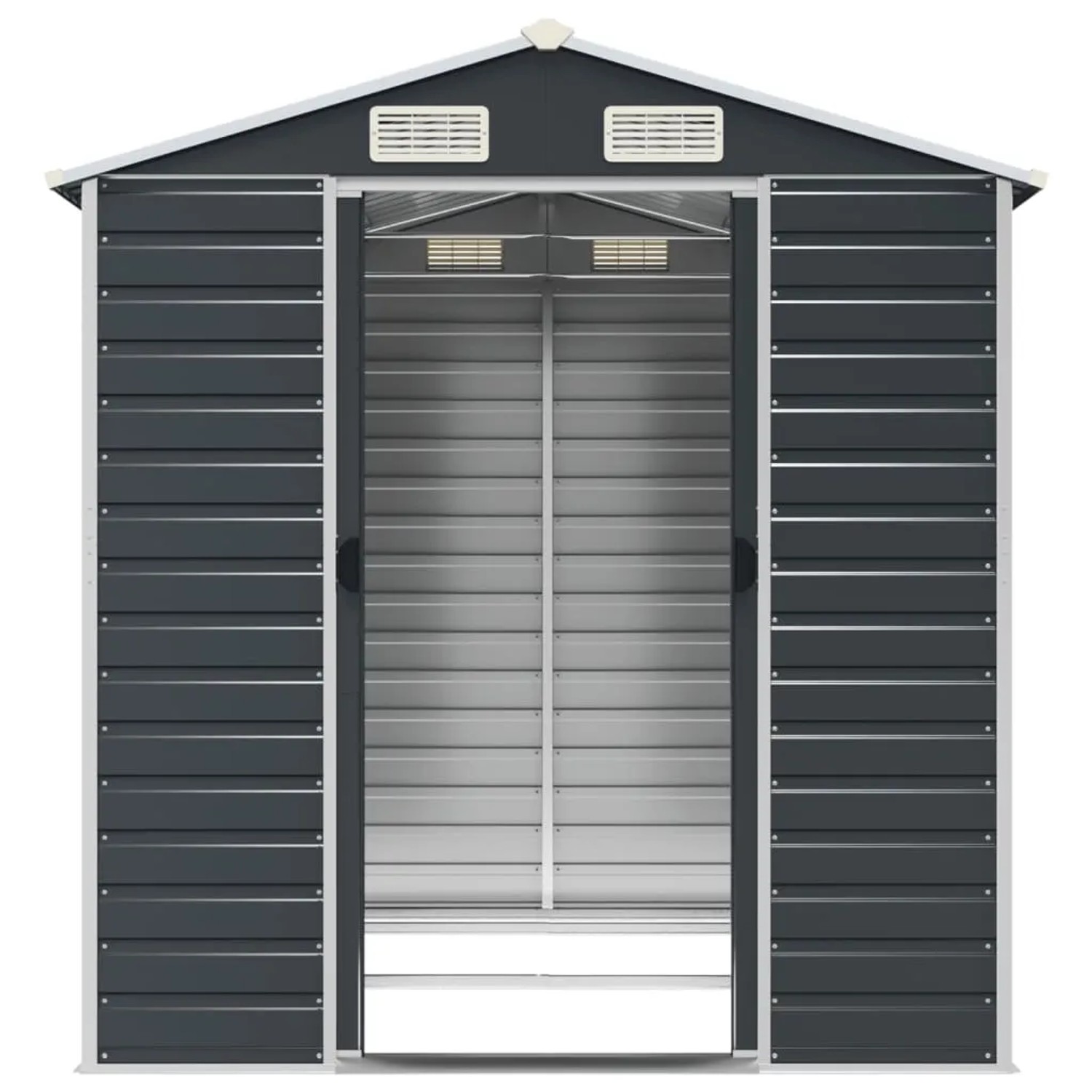 vidaXL Gerätehaus, anthrazit, 191x215x198 cm, aus verzinktem Stahl. Gartenhaus mit geöffneter Tür.