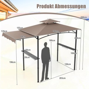 Costway Grillpavillon mit Seitenmarkise Doppeldach 318x153x250 cm Braun