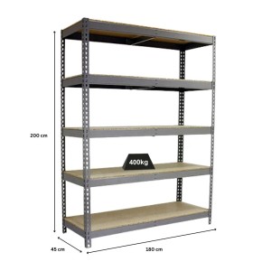 Graues PROREGAL Schwerlastregal Big Wood Yeti Five, 200x180x45 cm, Fachlast 400 kg.