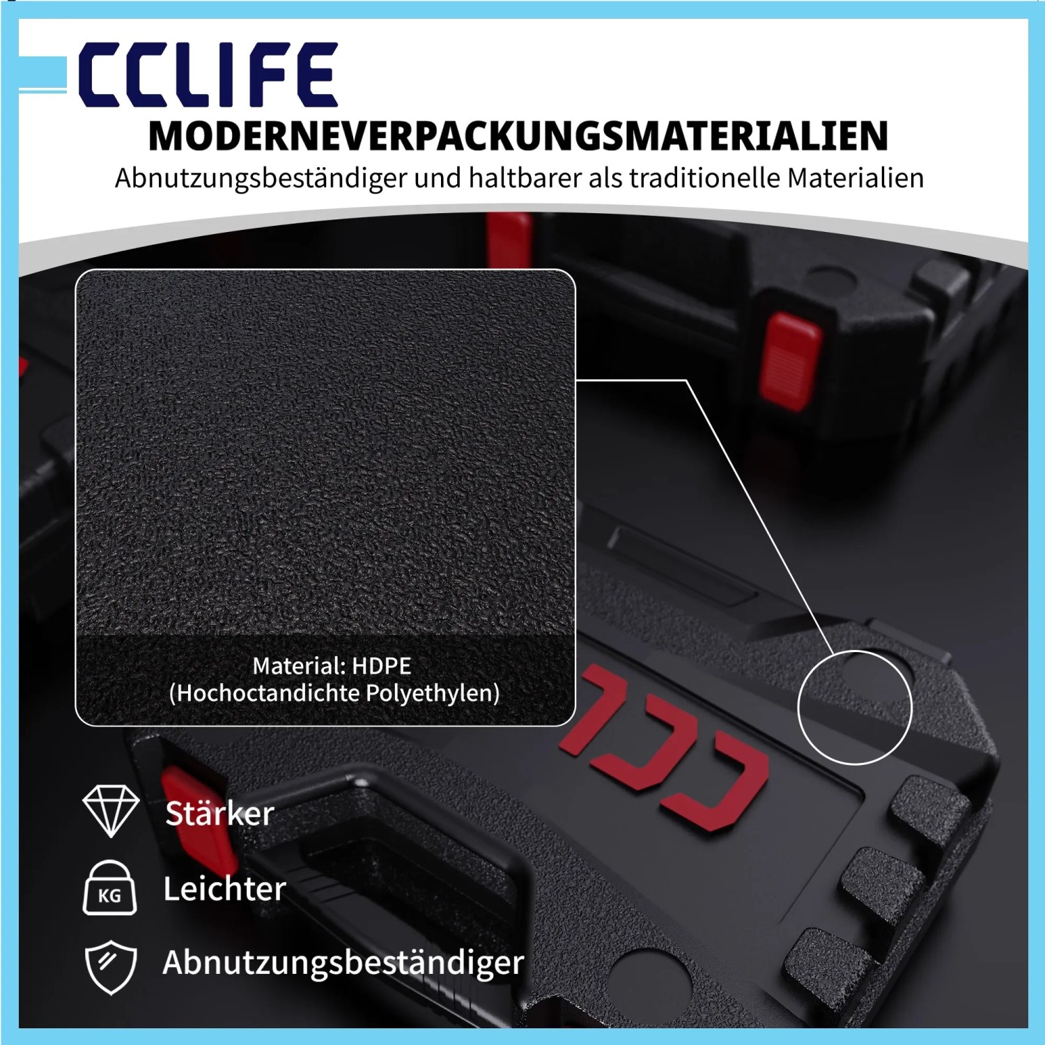Detailansicht der schwarzen, strukturierten HDPE-Verpackung von CCLIFE, robust und abnutzungsbeständig.