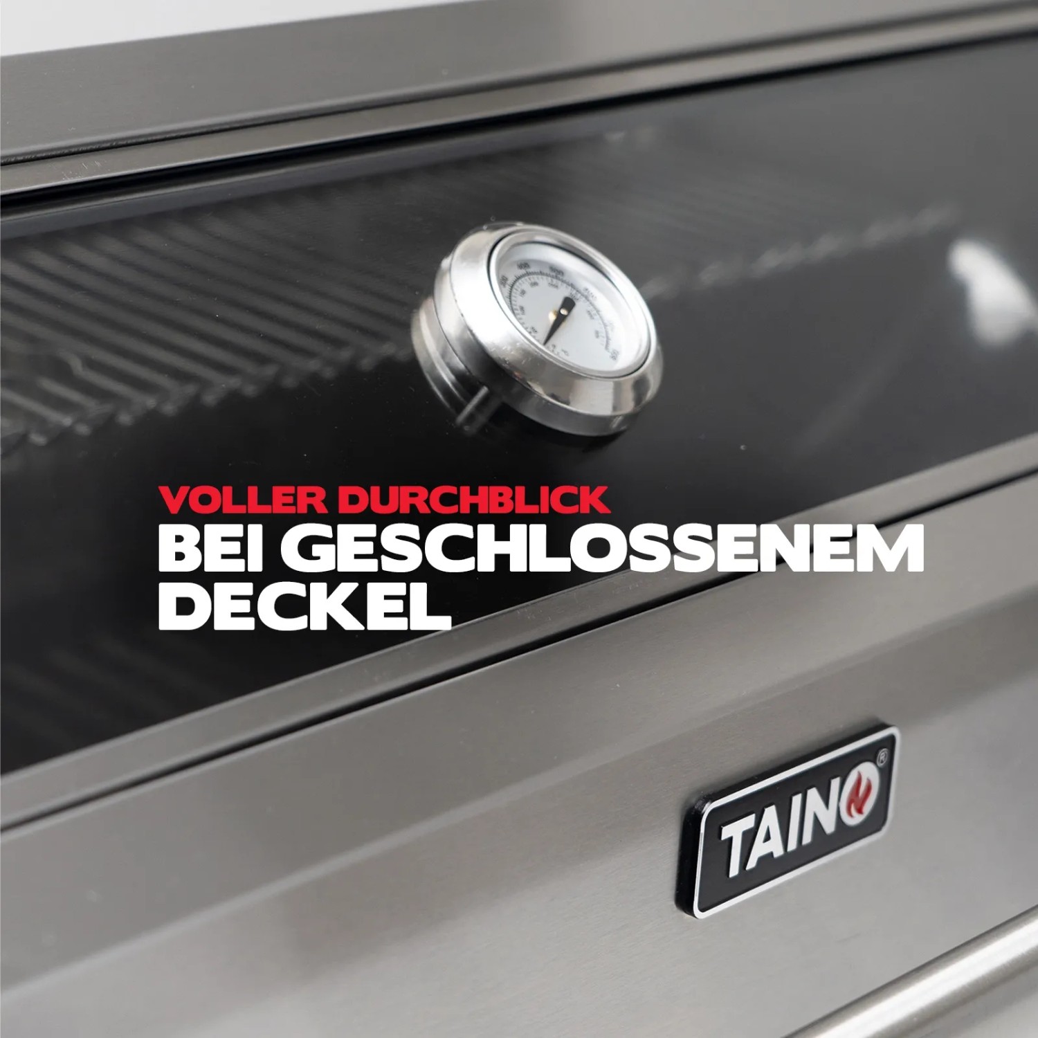 Detailaufnahme: Taino Platinum Yamara Gasgrill mit Thermometer im Deckel.