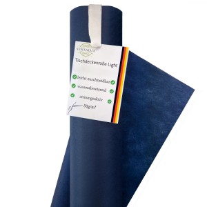 Blaue Sensalux Tischdeckenrolle Light aus Vlies, 1,10 m x 25 m, teilweise abgerollt. Stoffähnlich.