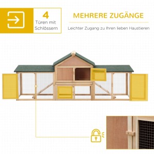 PawHut Hasenstall aus Tannenholz, hellbraun, mit Freilaufgehege und mehreren Türen.