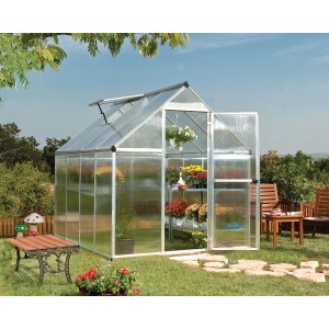 CANOPIA Gewächshaus Silber 4,6 m² mit geöffneter Tür und Pflanzen im Garten.