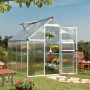 CANOPIA Gewächshaus Silber 4,6 m² mit geöffneter Tür und Pflanzen im Garten.