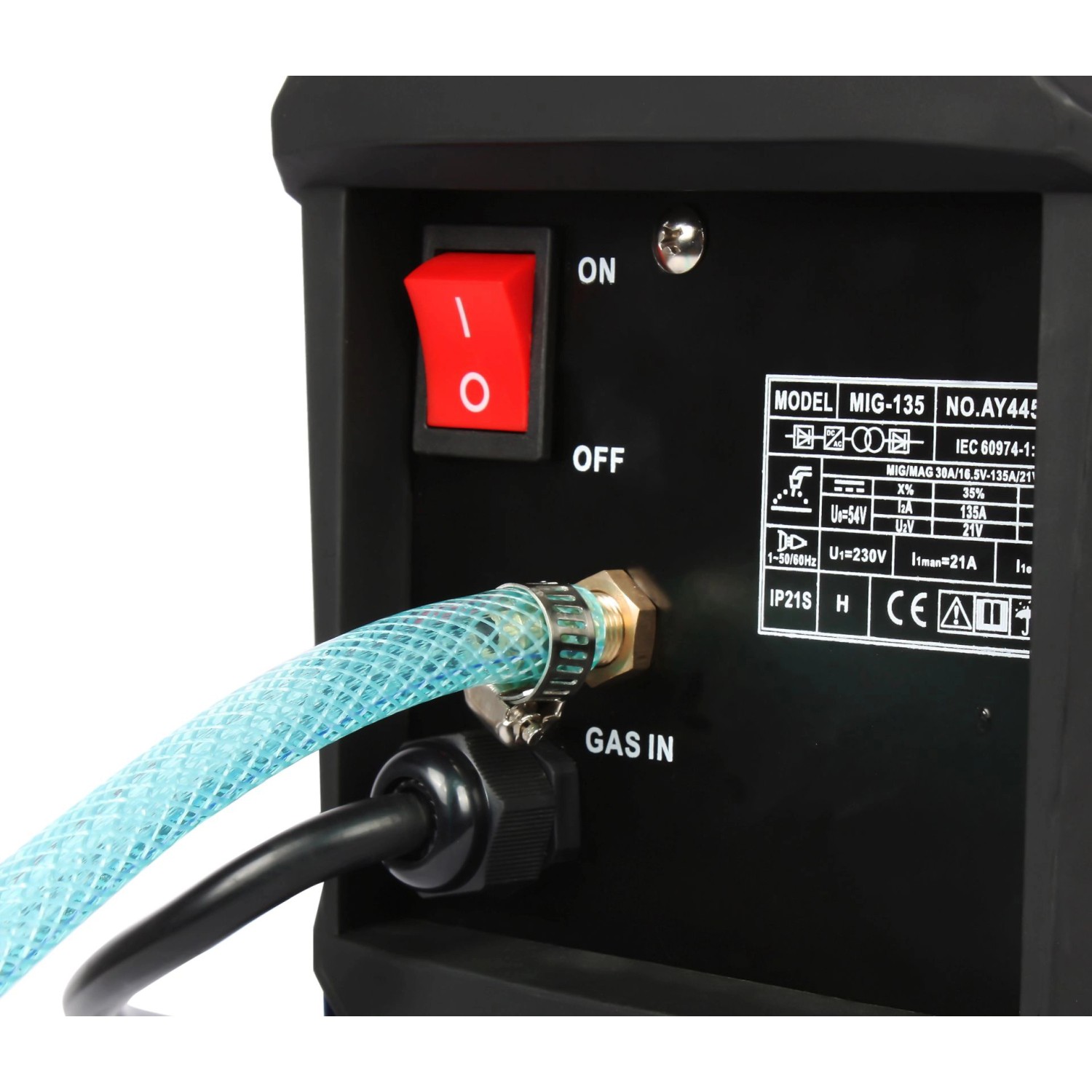 Detailansicht Atrox Mini-MIG 140 Schweißgerät: Rückseite mit Anschlüssen und Schalter.