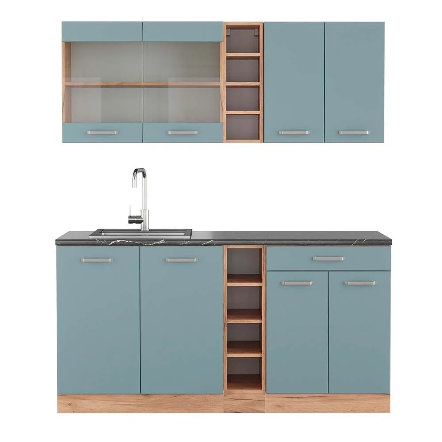 Vicco R-Line Singleküche Blau-Grau Goldkraft Eiche 160 cm AP Anthrazit ohne E-Geräte