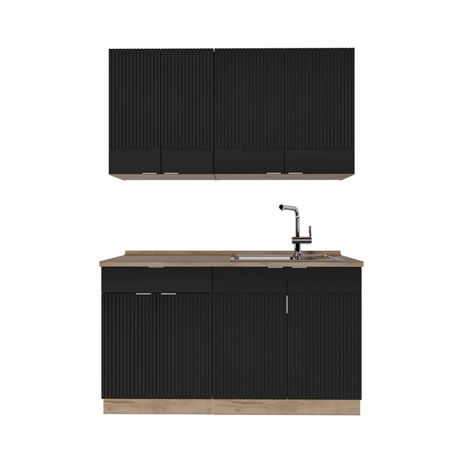 Vicco Fame-Line Singleküche Schwarz gestreift/Goldkraft Eiche 140 cm AP Eiche ohne E-Geräte
