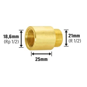 Hahnverlängerung aus Messing, 18,6 mm x 21 mm, 25 mm lang, für Gewindefittings.